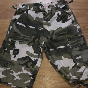 A light pink and green camouflage shorts for men